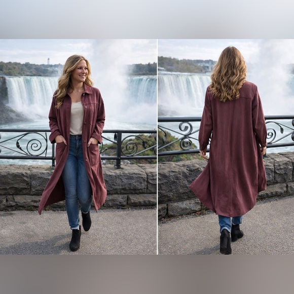 Anthropologie Jackets & Blazers - Oversized a Anthropology Pilot sz SM duster in rose faux suede soft cozy snaps